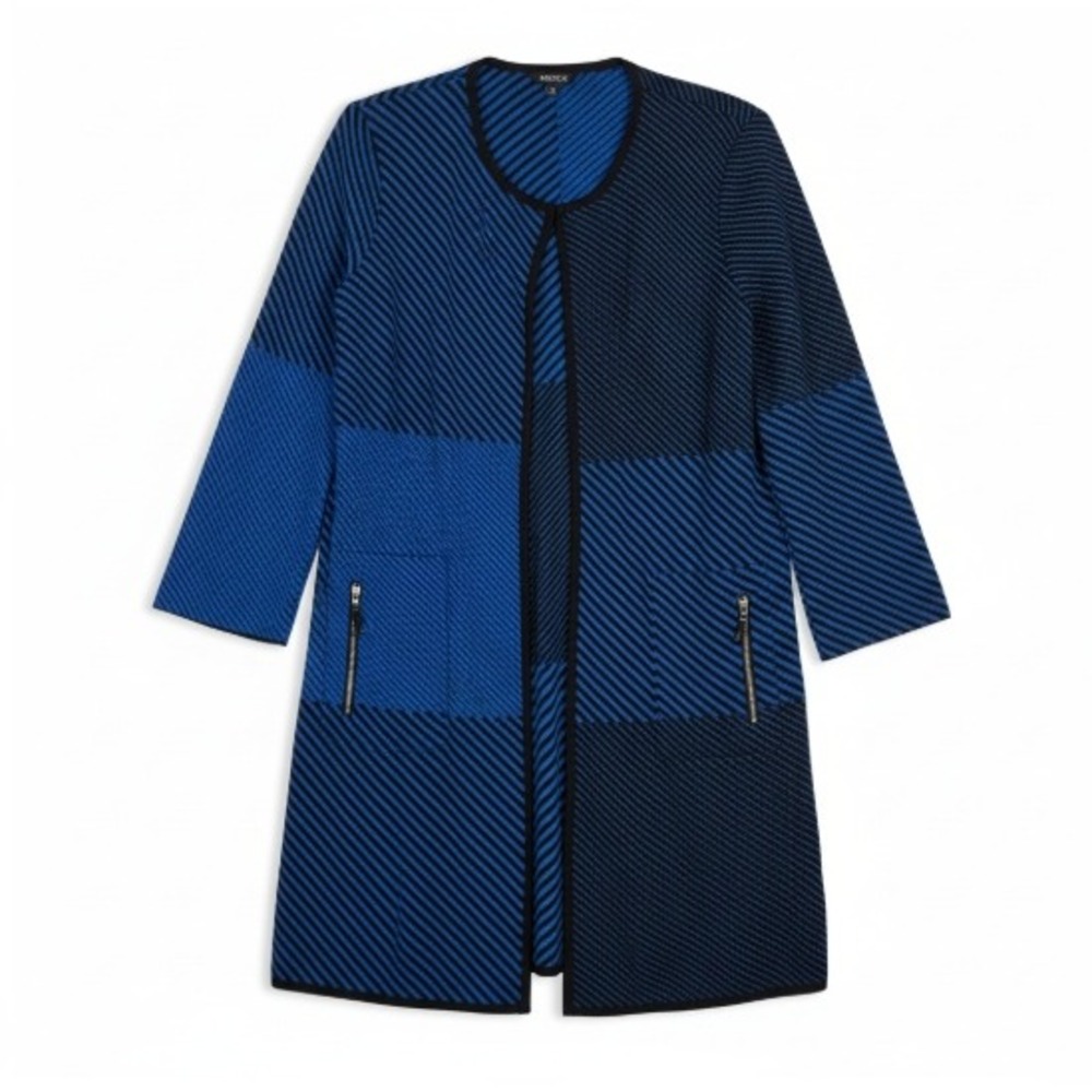 Misook Striped Acrylic Knit Longline Jacket Cardigan Office Blue Workwear Size M